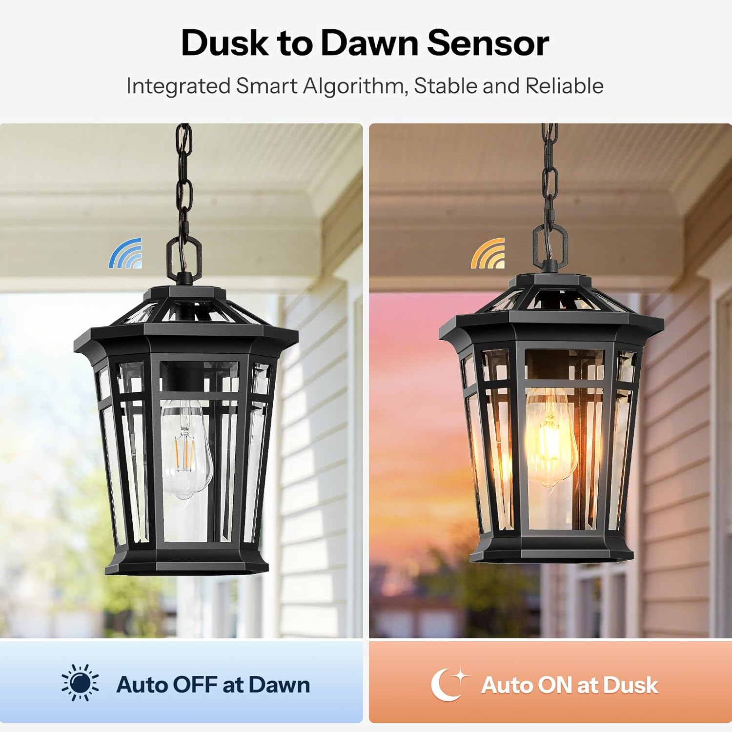 Gleamz Large Dusk to Dawn Outdoor Hanging Lights, Black Outdoor Chandelier Fixture, Aluminum Outside Pendant Sconce, Outside Ceiling Light for Porch, Entryway, Garden, Garage, 1-Pack, Hardwired