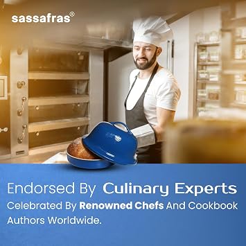 Sassafras Superstone Stoneware La Cloche Bread Baker with Blue Glazed Exterior and Unglazed Interior Bakes an Artisan Bread with Crusty Crust and a Light Crumb