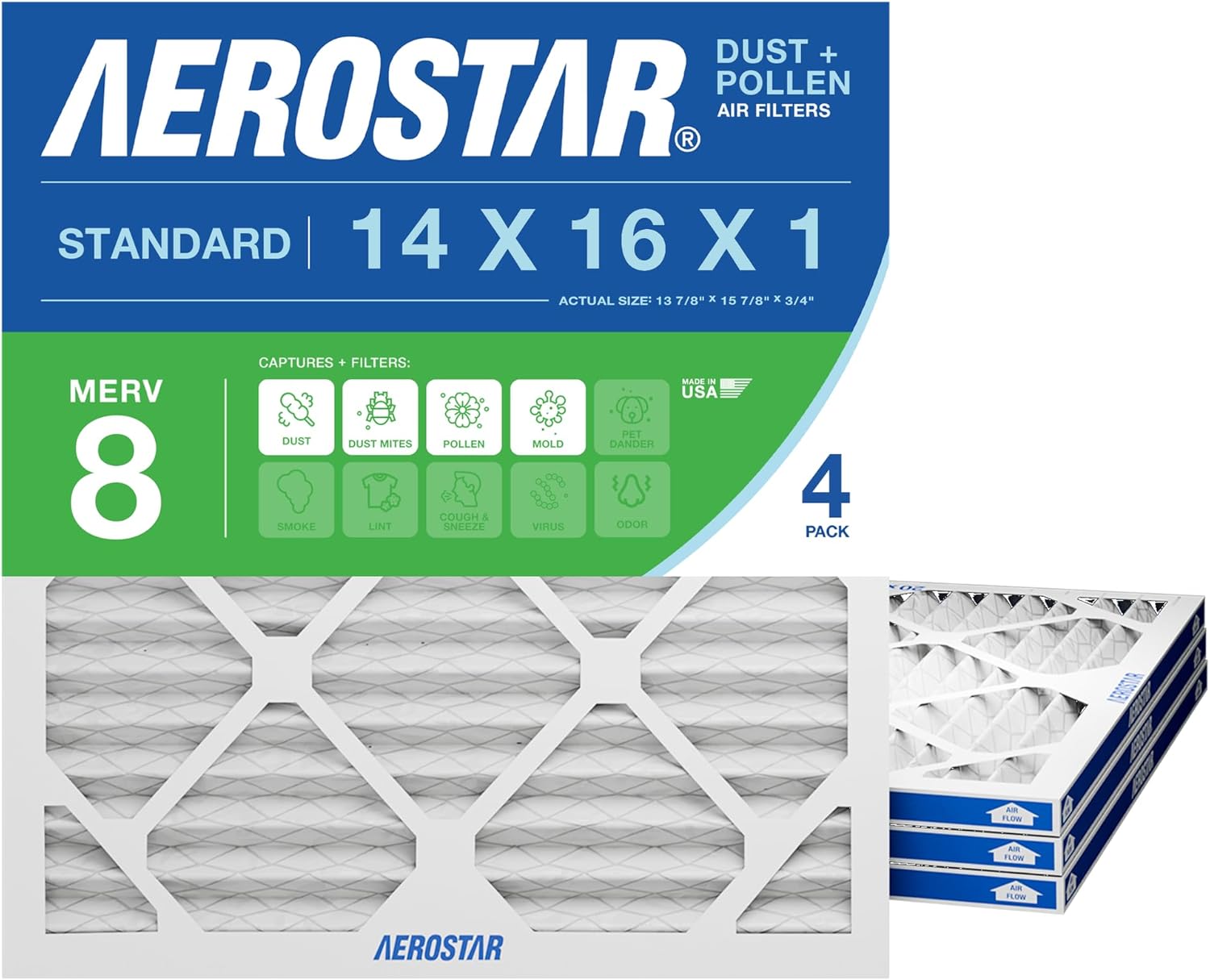 Aerostar 14x16x1 MERV 8 Pleated Air Filter, Dust and Pollen Control (4 Pack), Actual Size: 13.88x15.88x0.75