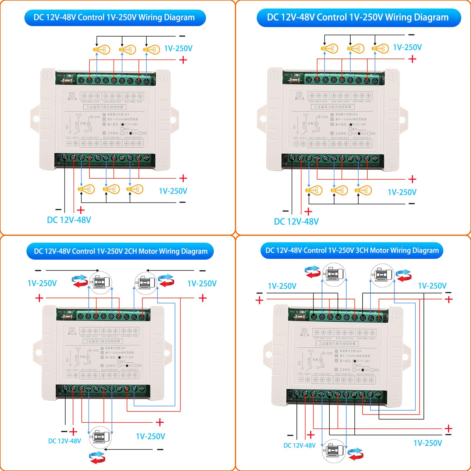 433mhz Interrupteur telecommande sans fil 12v Commutateur de relais à distance 12V-48V 36V telecommande 6 canaux Contrôleur de fenêtre de porte de lumière de moteur (12V-48V/ 2* Contrôle 433MHz)