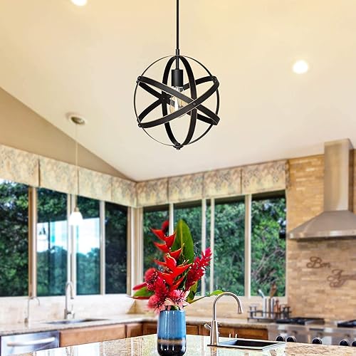 Miniatura 5 de DEWENWILS Lámpara colgante enchufable, estilo industrial de grano de madera, globo de metal, lámpara de entrada de techo vintage con cable de 15