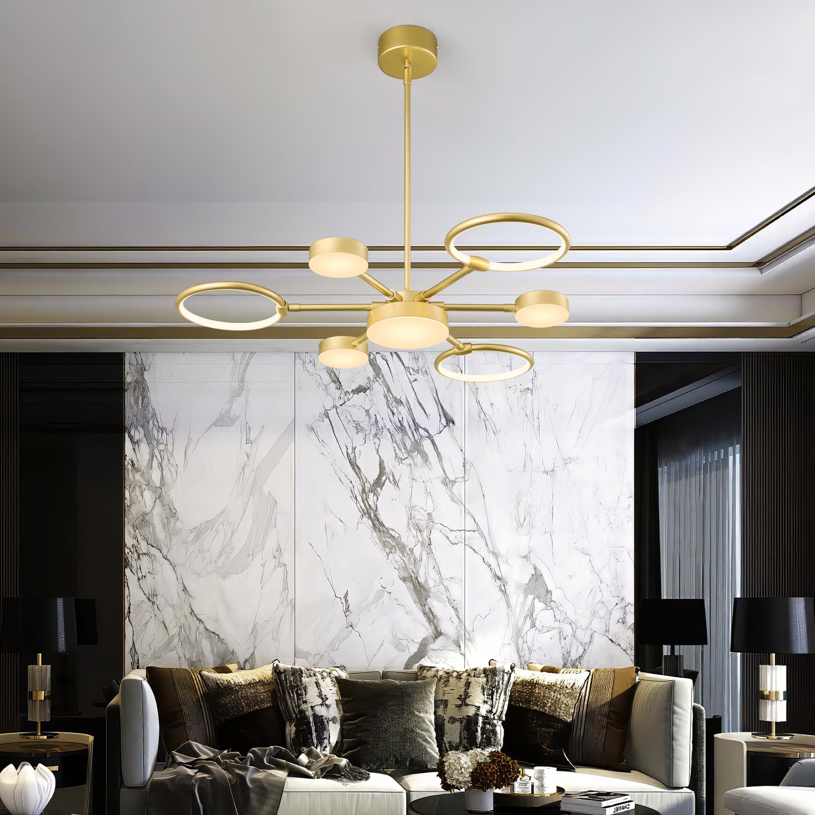 zhllmq Modern LED Industria Chandeliers Round Pendant Light Farmhouse Gold Sputnik Chandelier Mid Century Ceiling Light Fixtures for Dining Room Bedroom Living Room Kitchen Hallway Foyer(7-Light)