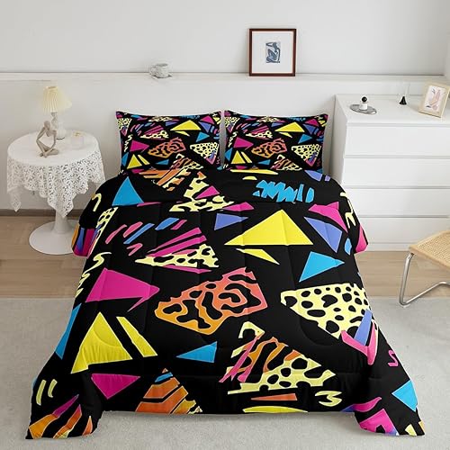 Miniatura 19 de Juego de edredón de estilo de moda de los años 80 y 90, tamaño Queen, patrón retro de estilo Memphis con formas geométricas, juego de ropa de cama