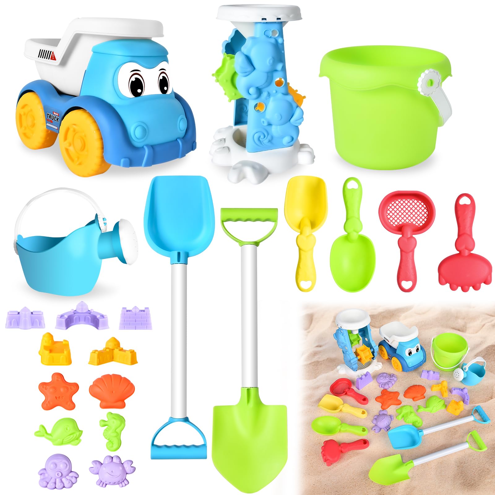 JONRRYIN 21 Piezas Juguetes de Playa, Juguetes Playa Bebe, Set de Playa con Bolsa de Malla, Cubos de Arena, Palas y regadera para Niños