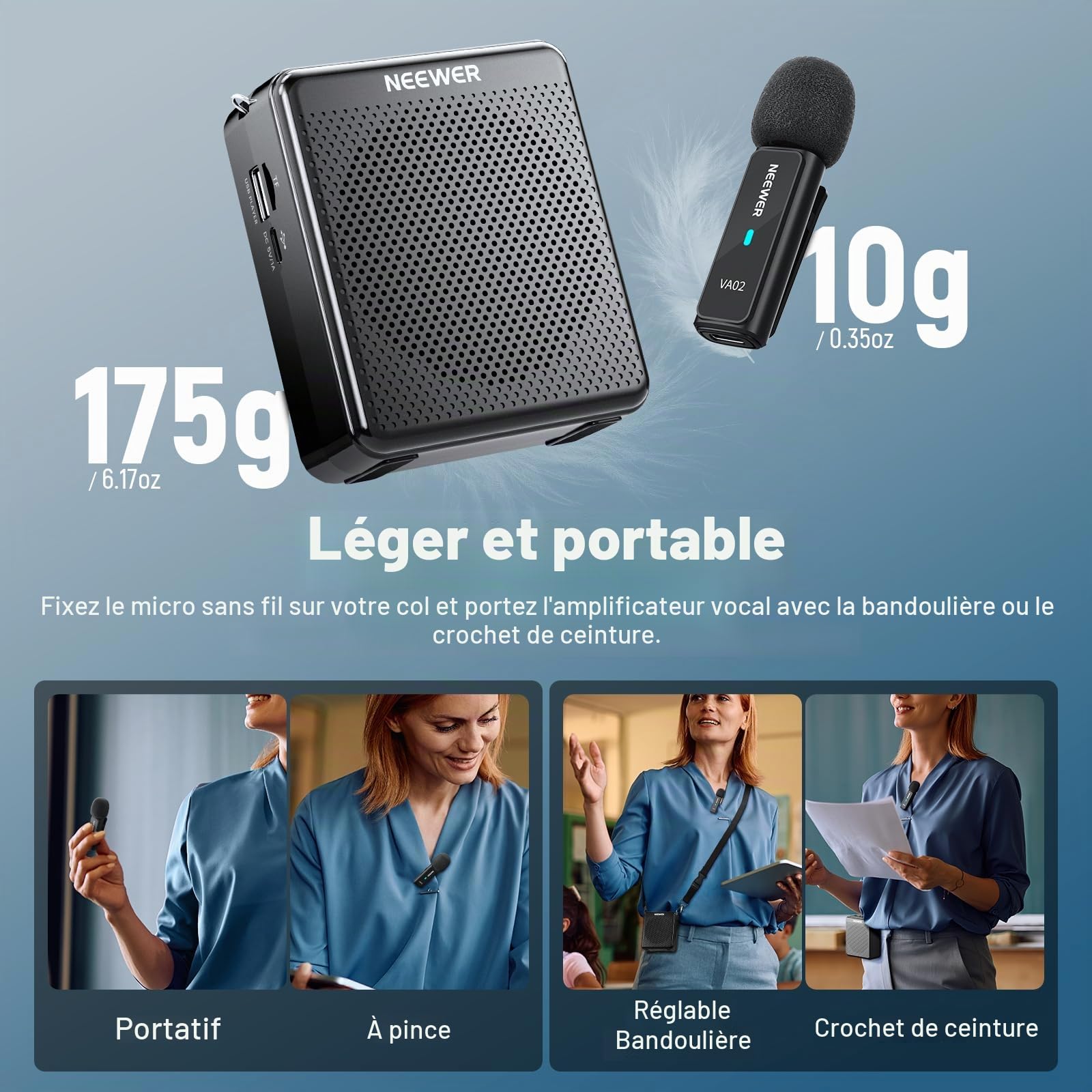 NEEWER VA02 Amplificateur Vocal avec Microphone sans Fil, kit Micro et mégaphone Haut-Parleur Portable Mini USB C Rechargeable Anti-Bruit, 10 Heures, portée de 15 m pour la Salle d'enseignants