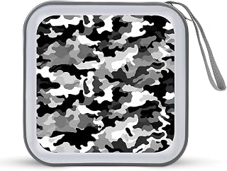 Black Grey White Camo CD/DVD Case Holder 40 Capacity | Durable Hard Plastic, Portable Hand Strap CD Wallet with Zipper, Dustproof DVD/VCD Disc Storage Organizer for Car Home Travel