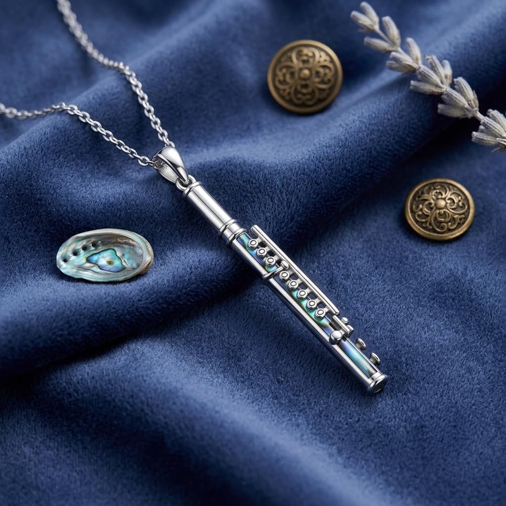 DAYLINLOVE Musik Kette 925er Sterling Silber Musiknote/Gitarrenplektrum/Flöte Anhänger Halskette Opal Abalone Muschel Musik Schmuck Geschenk für Damen Mädchen