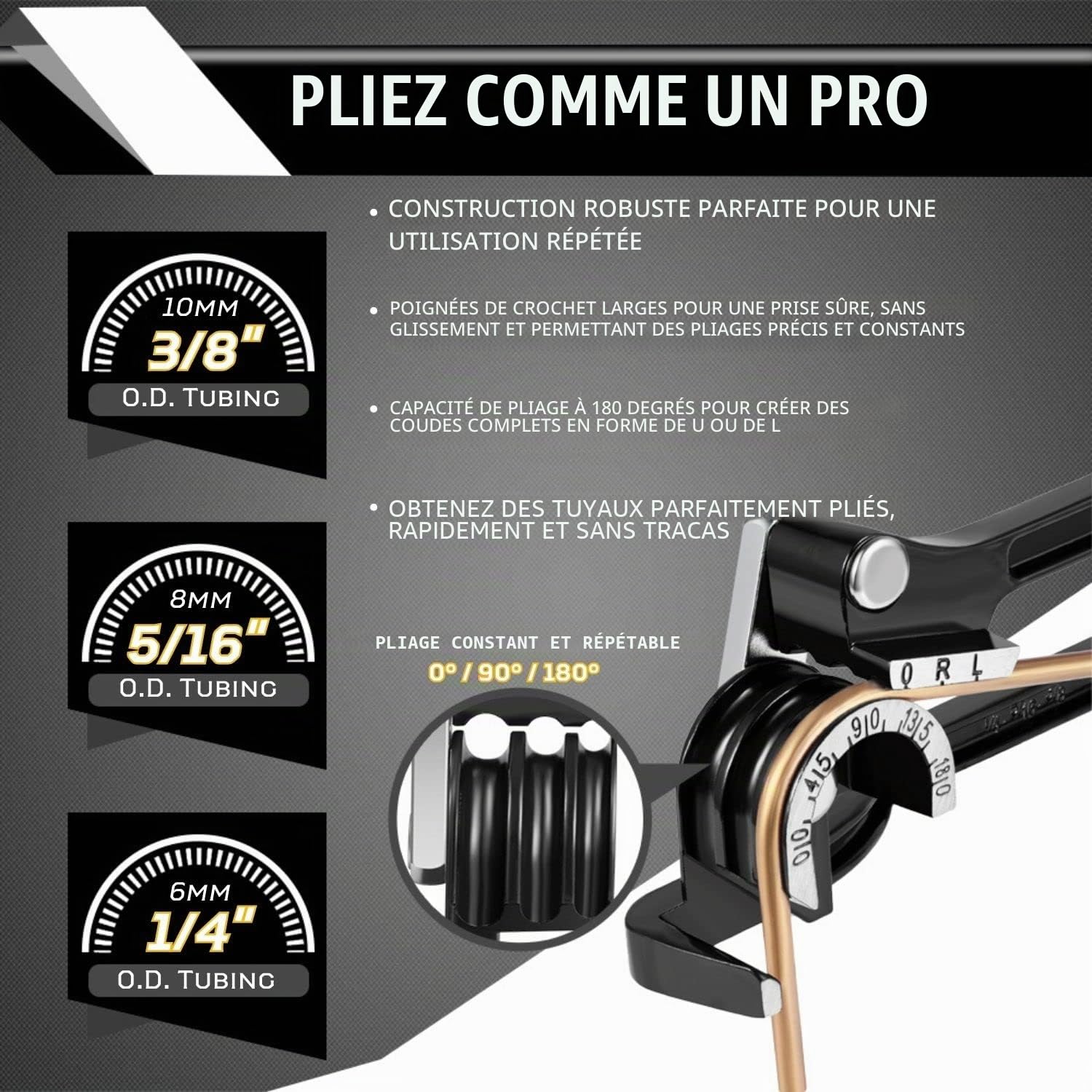 Flexzion Cintreuse de tubes – Cintrage manuel de tubes OD 3 tailles 6,35 mm, 1,6 cm, 9,5 mm, levier à 180 degrés, coude robuste, cuivre, laiton, aluminium et métal souple pour tuyaux CVC, eau, gaz,