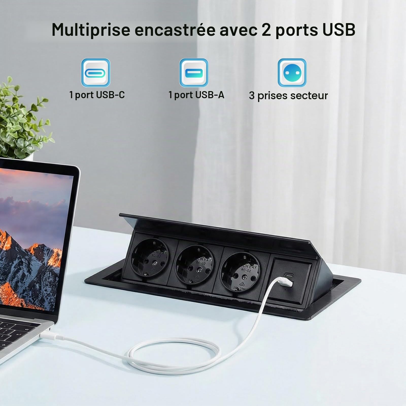 Prise Encastrable 3 Prises, avec 1 USB-C et 1 USB-A, Prise Table Escamotable Multiprise Alliage d'Aluminium, Câble d’Alimentation 2M, 20W USB, pour Bureau, Salle de Jeux, Salle de Réunion 2500W