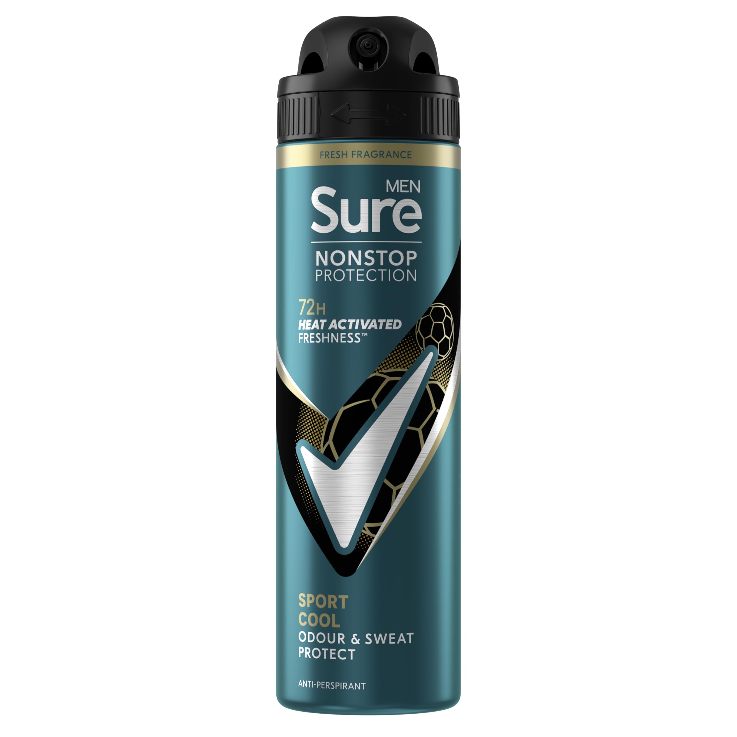 Sure Men Nonstop Protection Sport Cool Deodorant Body Spray Antiperspirant with a mint and citrus scent & body heat activated technology for 72 hour odour and sweat protection 150 ml