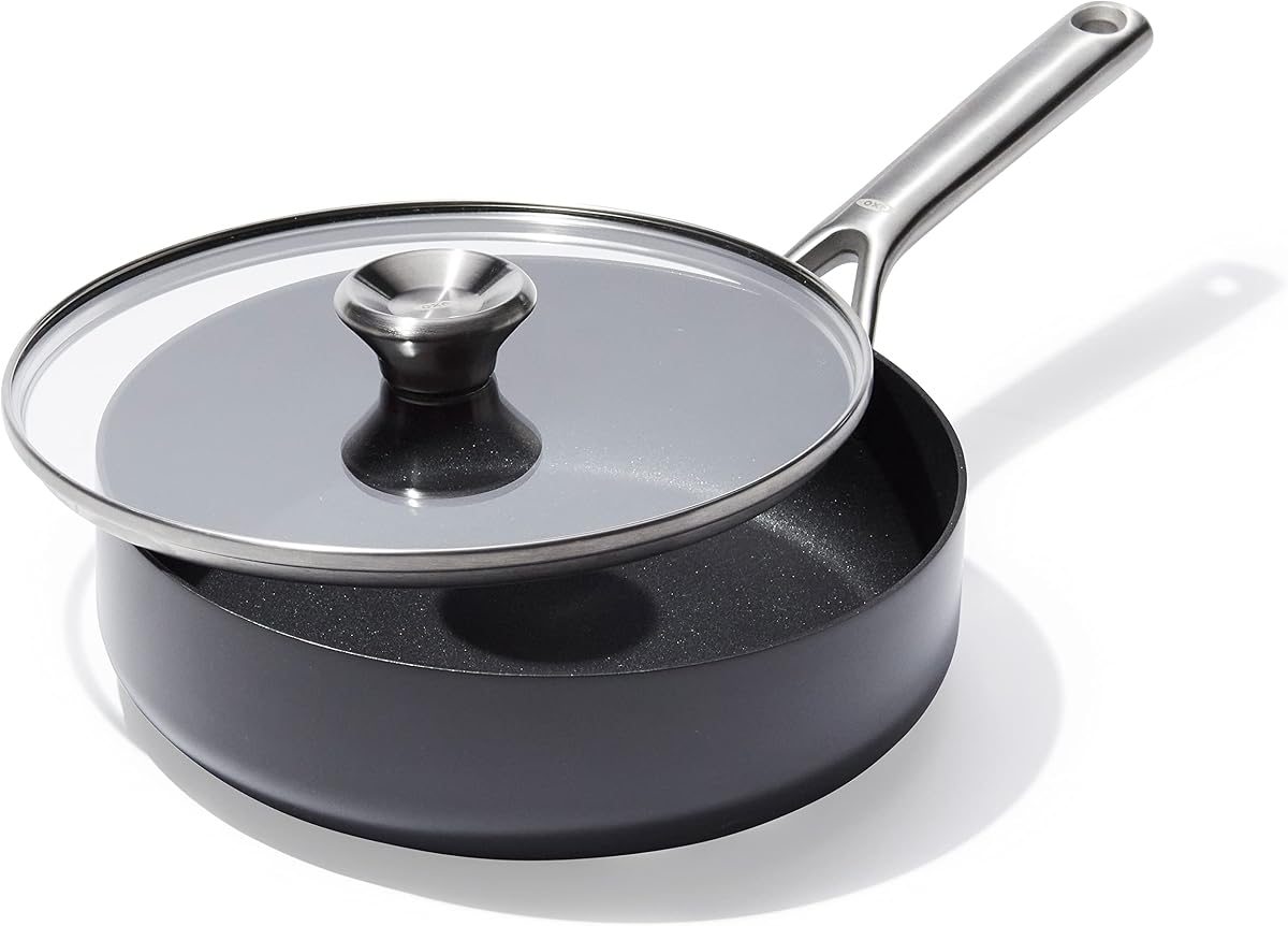 Professional 3QT Saute Pan Jumbo Cooker with Lid, Hard Anodized Ceramic Nonstick Cookware PFAS-Free, Stainless Steel, Induction Suitable, Diamond Reinforced Coating Dishwasher and Oven Safe, Black