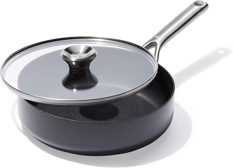Professional 3QT Saute Pan Jumbo Cooker with Lid, Hard Anodized Ceramic Nonstick Cookware PFAS-Free, Stainless Steel, Induction Suitable, Diamond Reinforced Coating Dishwasher and Oven Safe, Black