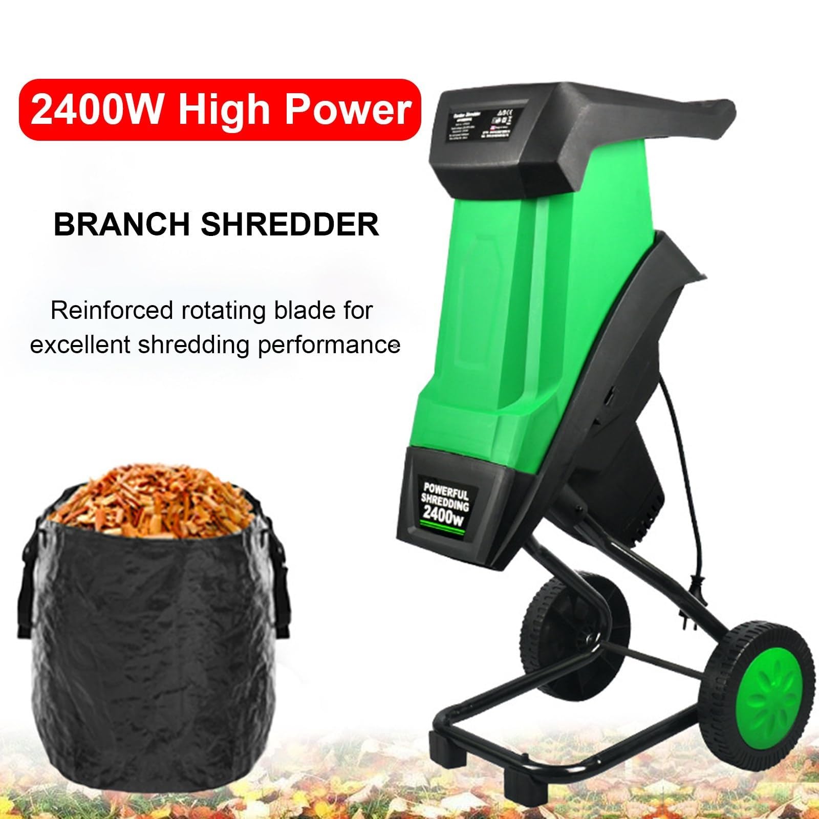 Trituradora de jardín eléctrica de 2400 W, trituradora de madera, trituradora de hojas, tritura hasta 39 mm, bolsa de recolección de 50 L for residuos de jardín, hojas y ramas.
