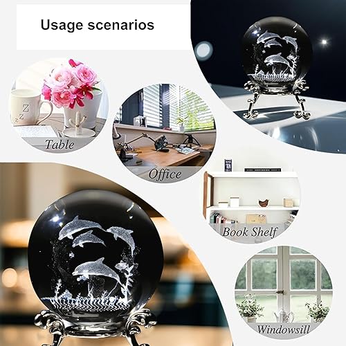 Miniatura 5 de Bola de cristal de delfines grabada con láser 3D de 2.36 pulgadas con base de cristal para pisapapeles para estante de exhibición de escritorio o