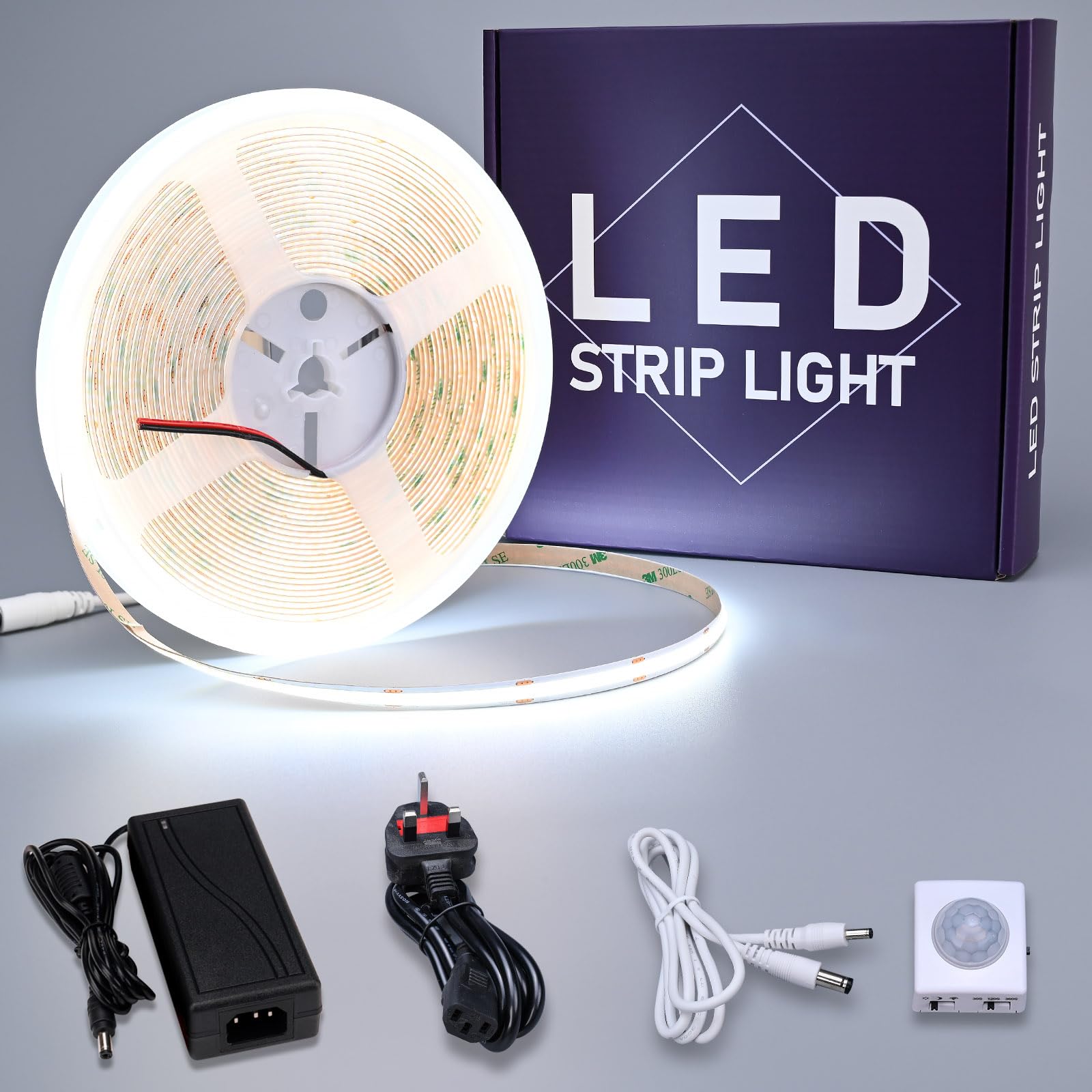 Goming Cool White Motion Sensor Cob Led Strip Light 32.8Ft(10M) 6000K Cri 93+ 3 Lighting Modes 3 Timing Off Modes 3 Brightness Modes With Power Adapter For Kitchen Cabinets Stair Showcase Bedroom Bed