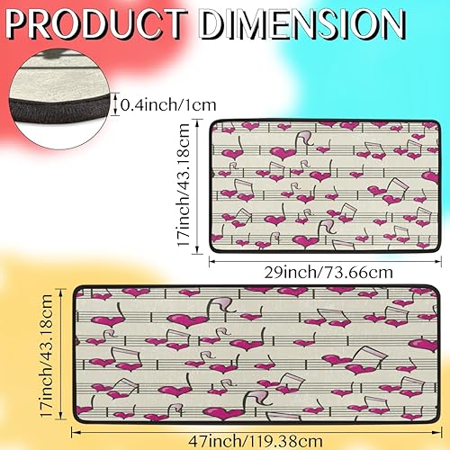 Miniatura 2 de Juego de 2 alfombrillas de cocina acolchadas con diseño de notas de amor de dibujos animados, antifatiga, juego de 2 piezas, duradero, resistente a