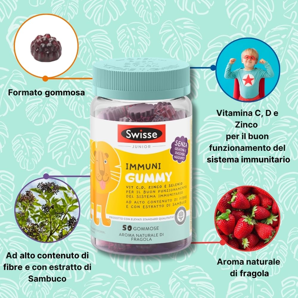 SWISSE Junior - Multivitaminico Completo Bambini con Vitamina D C B12 B6 e Minerali per Supporto al Sistema Immunitario, 50 Gommose ad Alto Contenuto di Fibre, Aroma Naturale di Fragola, Made in Italy