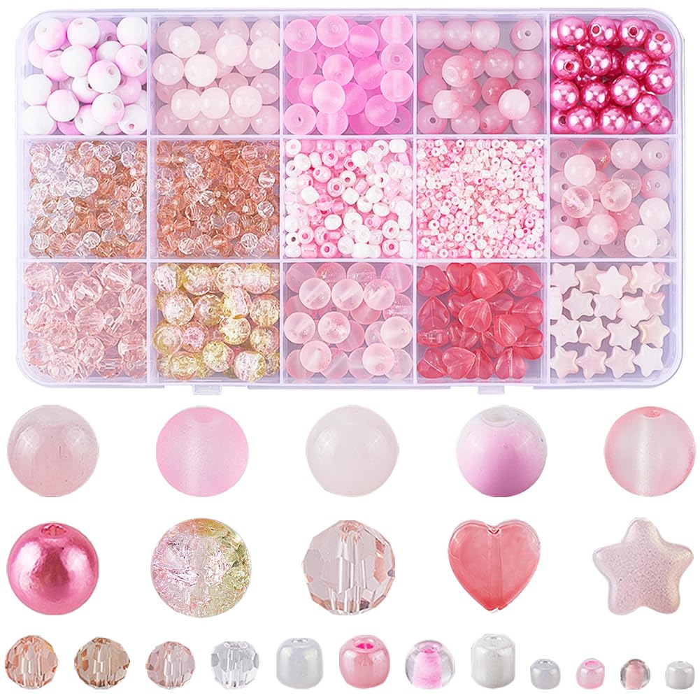 SOFPLATE 1 Box 22 Styles Pink Glass Beads Bulk Assorted Crystal Beads Valentine's Day Wedding Start Heart Transparent Frosted Seed Beads for Jewelry Making Necklace Bracelet Earring DIY Craft Supplies