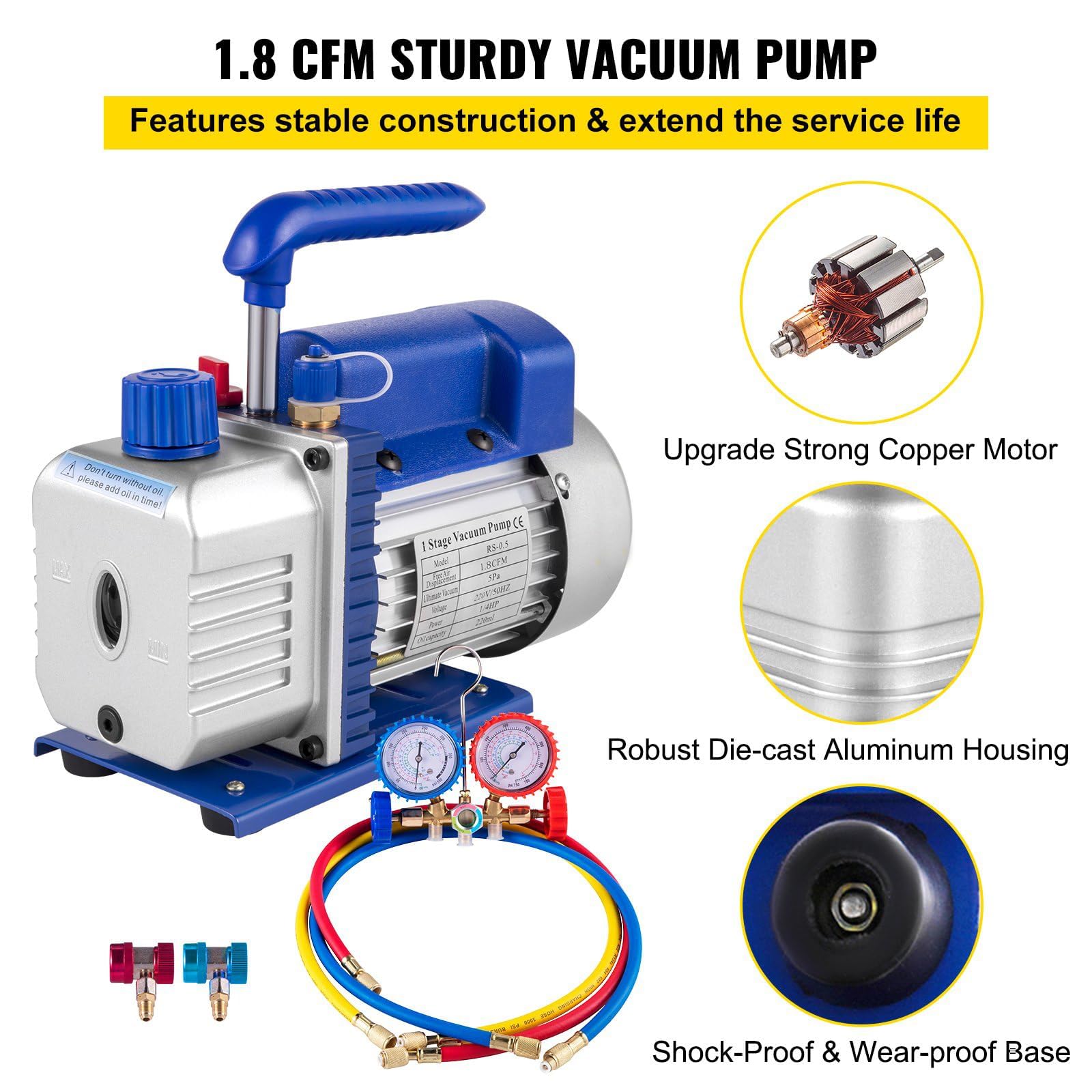 1.8 CFM Vakuumpumpe, 1/4 HP, einstufige Drehschieberpumpe, HVAC und Klimaanlagen-Kältemittel-Evakuierungsset mit Ölschauglas, Manometer-Set und 3 Schläuchen für die Kfz-Wartung