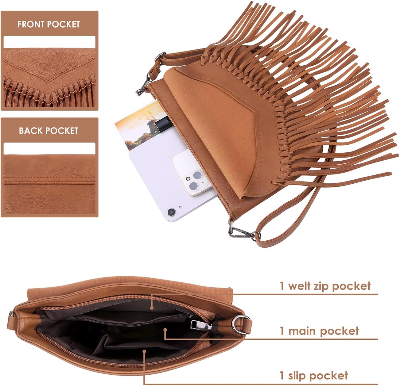 HDE Women's PU Leather Hobo Fringe Crossbody Tassel Purse Vintage Small Handbag - Image 4