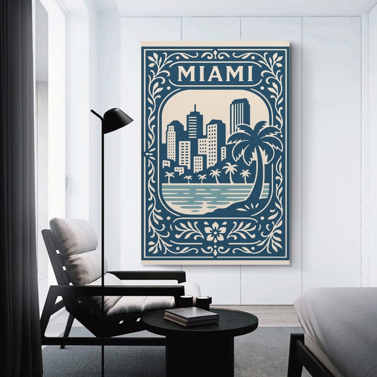 Junmoney Canvas Art Print Miami Cityscape Decorative Illustration, 12x18inch(30x45cm), for Office, Study Or Home Workspace, Home Office Artwork with Decorative Appeal
