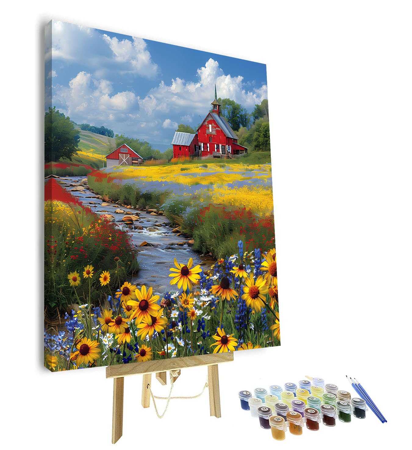 TISHIRON Paint by Numbers Kit for Adults - Countryside Farmhouse & Wildflower Fields Color by Number on Canvas, Serene River Landscape Art Crafts for Adults - 16x20 Inch, Framed