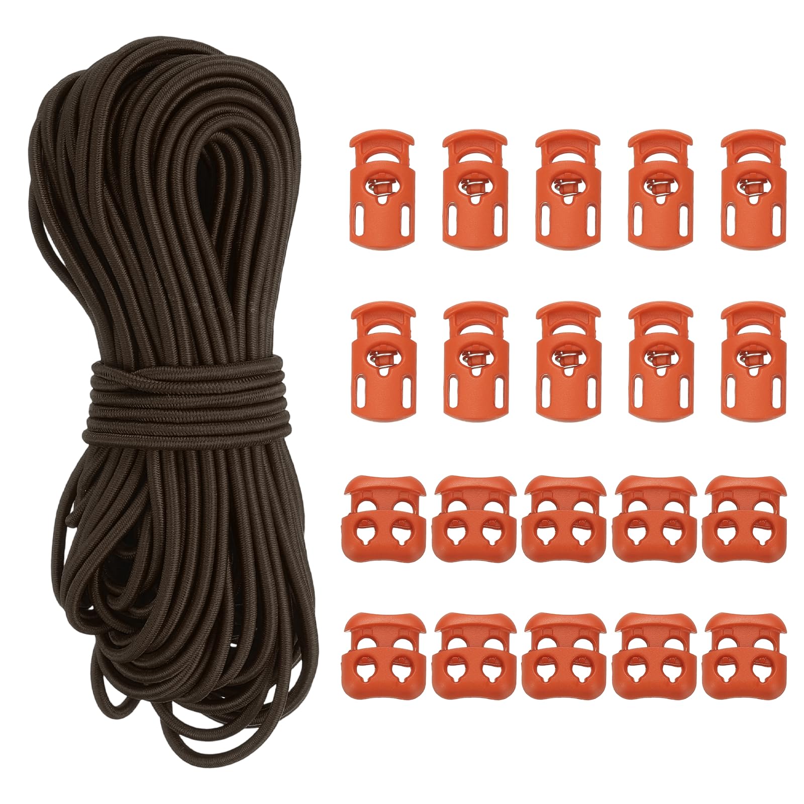 YELARXI Cord Locks, Elastic Bungee Cord, Spring Toggle Stopper Slider with Single-Hole & Double-Hole - Fitting for (Drawstring/Backpack/Shoelaces/Bags/Clothing) 50 ft & Dark Brown
