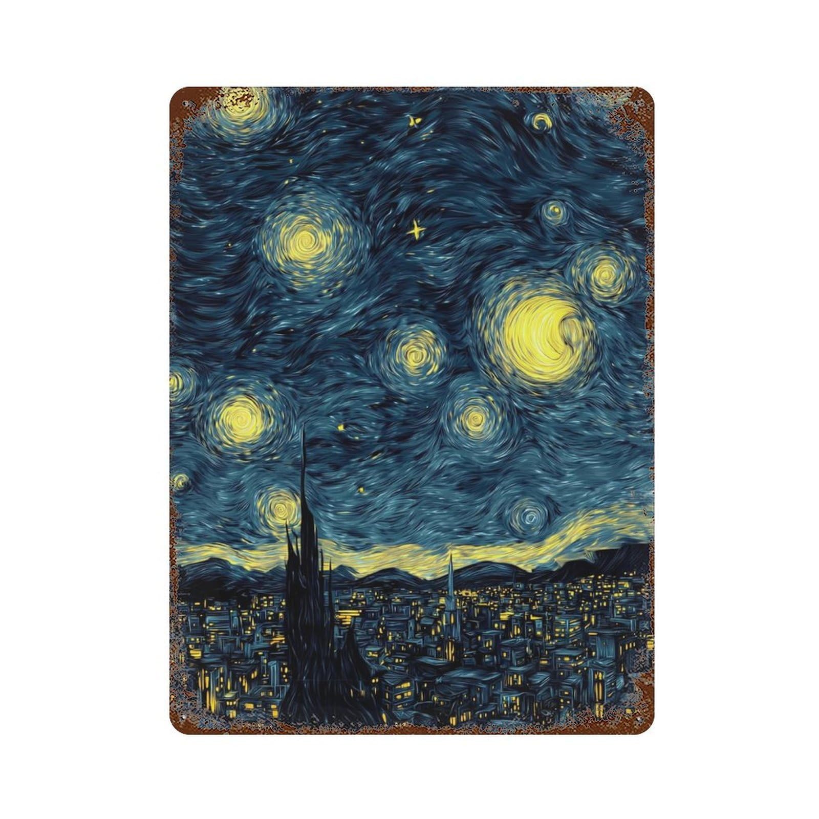 Rusty Metal Tin Sign Starry Night Cityscape Art Print -1 15.7"x11.8", Rustic Home Decor for Shed, Workshop And Garage Wall Decor