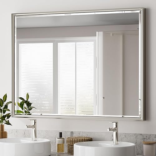 Miniatura 10 de Espejo de baño dorado de 48 x 30 pulgadas, espejo de baño biselado de oro cepillado, espejo rectangular grande con marco dorado inastillable, espejo