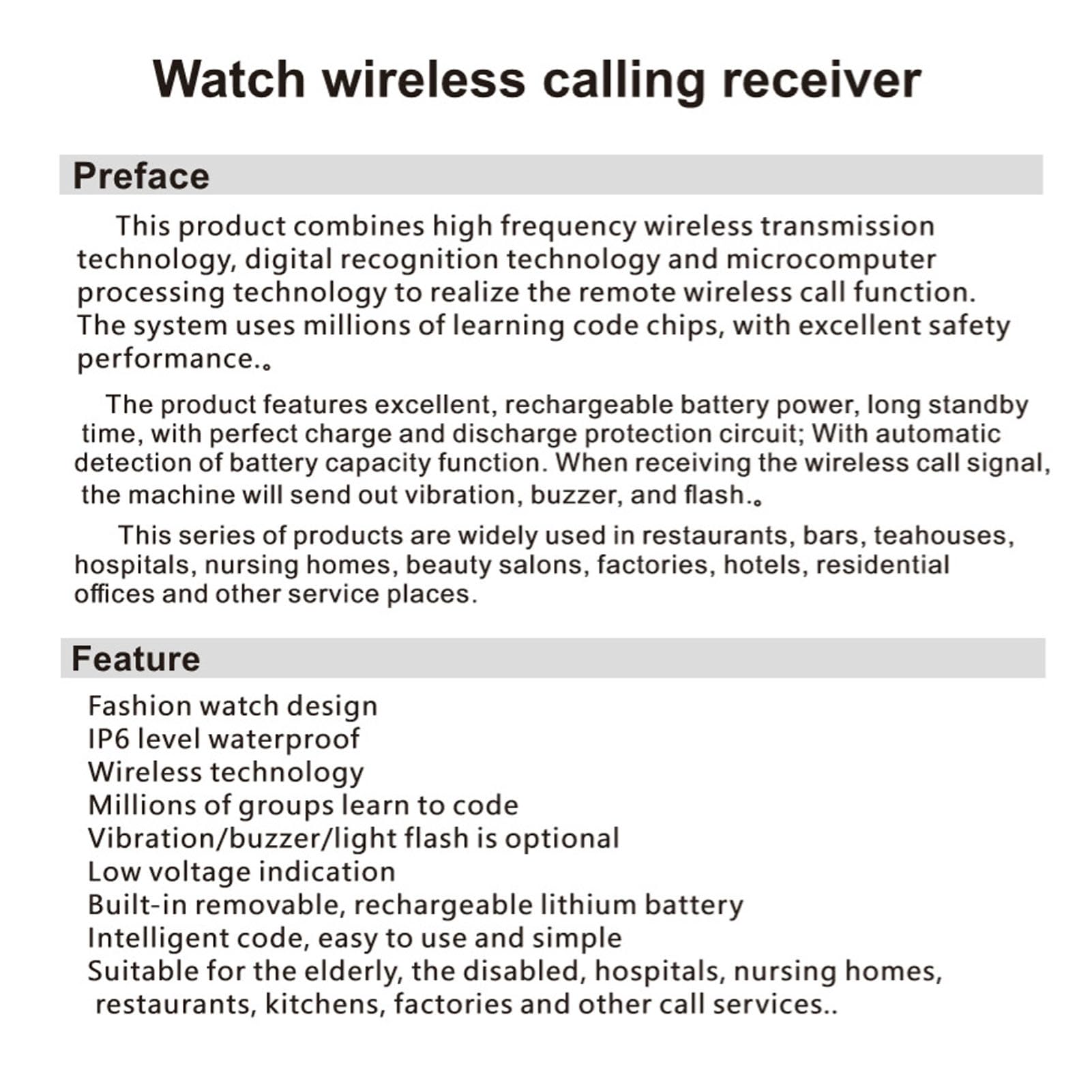 Jectse Cercapersone Wireless, Avviso SOS a 98 Impermeabile IPX4 a Lungo Raggio con 1 Trasmettitore e Ricevitori Multipli per Orologi, per L'assistenza Agli Anziani Sul Posto di