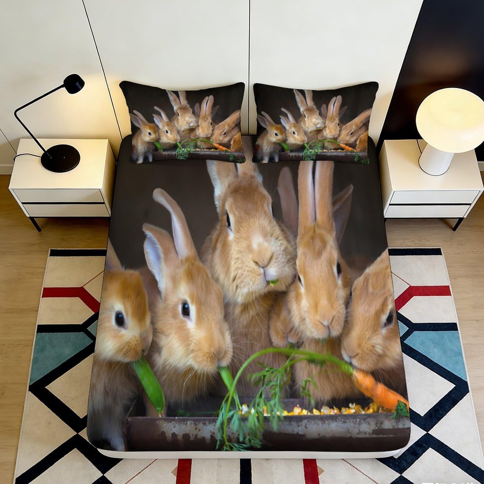 3D Printed Bunny Fitted Sheet Microfiber Deep Pocket Non-Slip Bedroom Bedding Bunny Mattress Fitted Cover Washable 180x200x25cm
