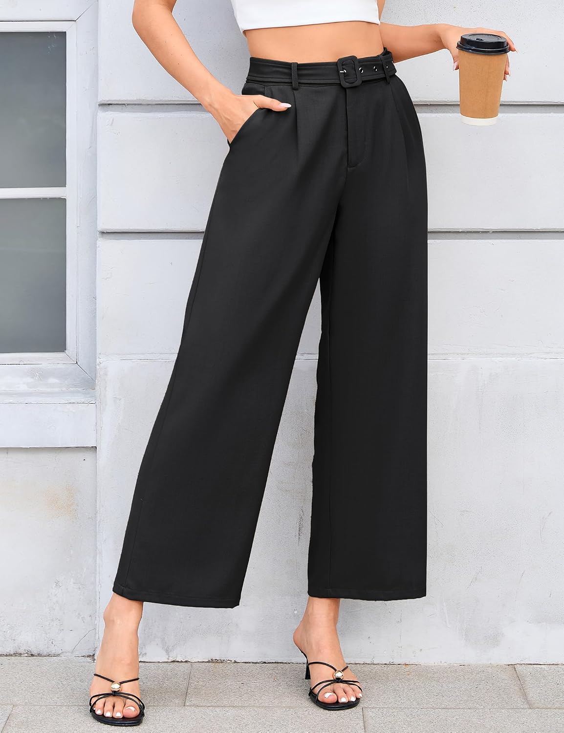 Yesfashion Womens High Waisted Cropped Wide Leg Pants Belted Waist Pleated Ankle Business Casual Pants with Pocket
