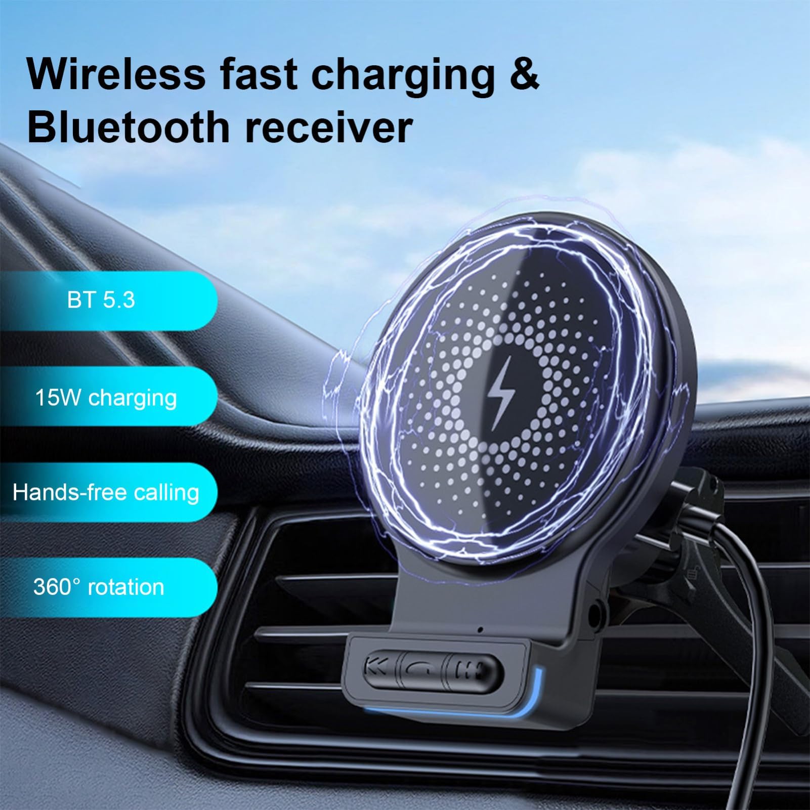 Cargador de teléfono inalámbrico para coche, 15 W, carga rápida, clip de ventilación magnético, rotación de 360 grados, cargador inalámbrico de 15 W con entrada de audio AUX, para coche, camión