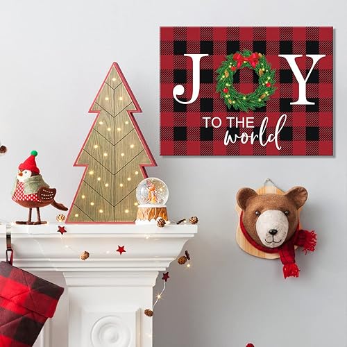 Miniatura 4 de KAIRNE Decoración navideña con letrero de alegría (12 x 16 pulgadas), diseño rústico de búfalo a cuadros, lienzo con corona de Navidad, impresión