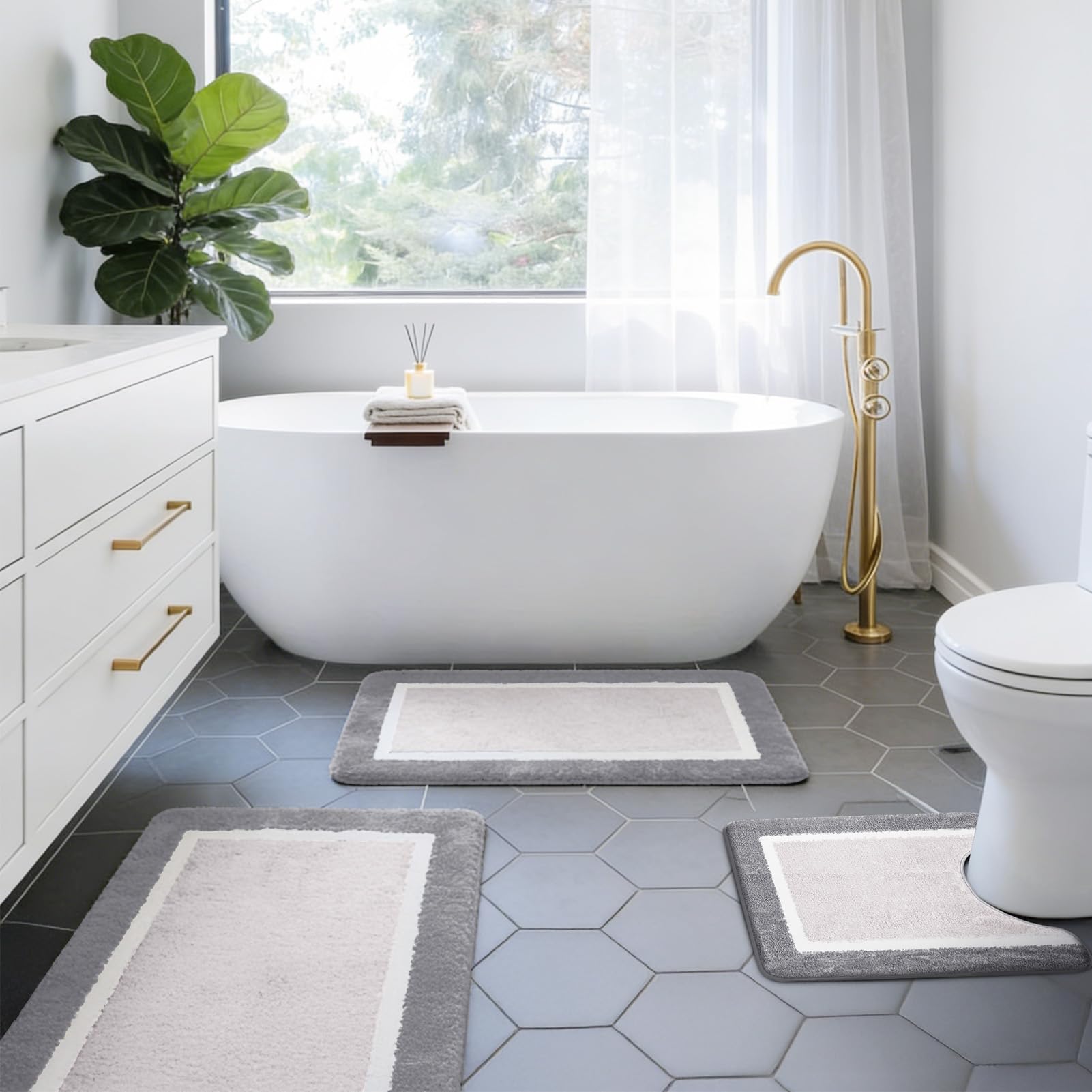 Letopati Bath Mat Sets 3 Piece, Non Slip Rubber Backing Bath Mats for Bathroom Floor, Extra Soft Microfiber Bathroom Mat and Toilet Mat, Absorbent Washable Light Grey Bath Rug Sets — image 1