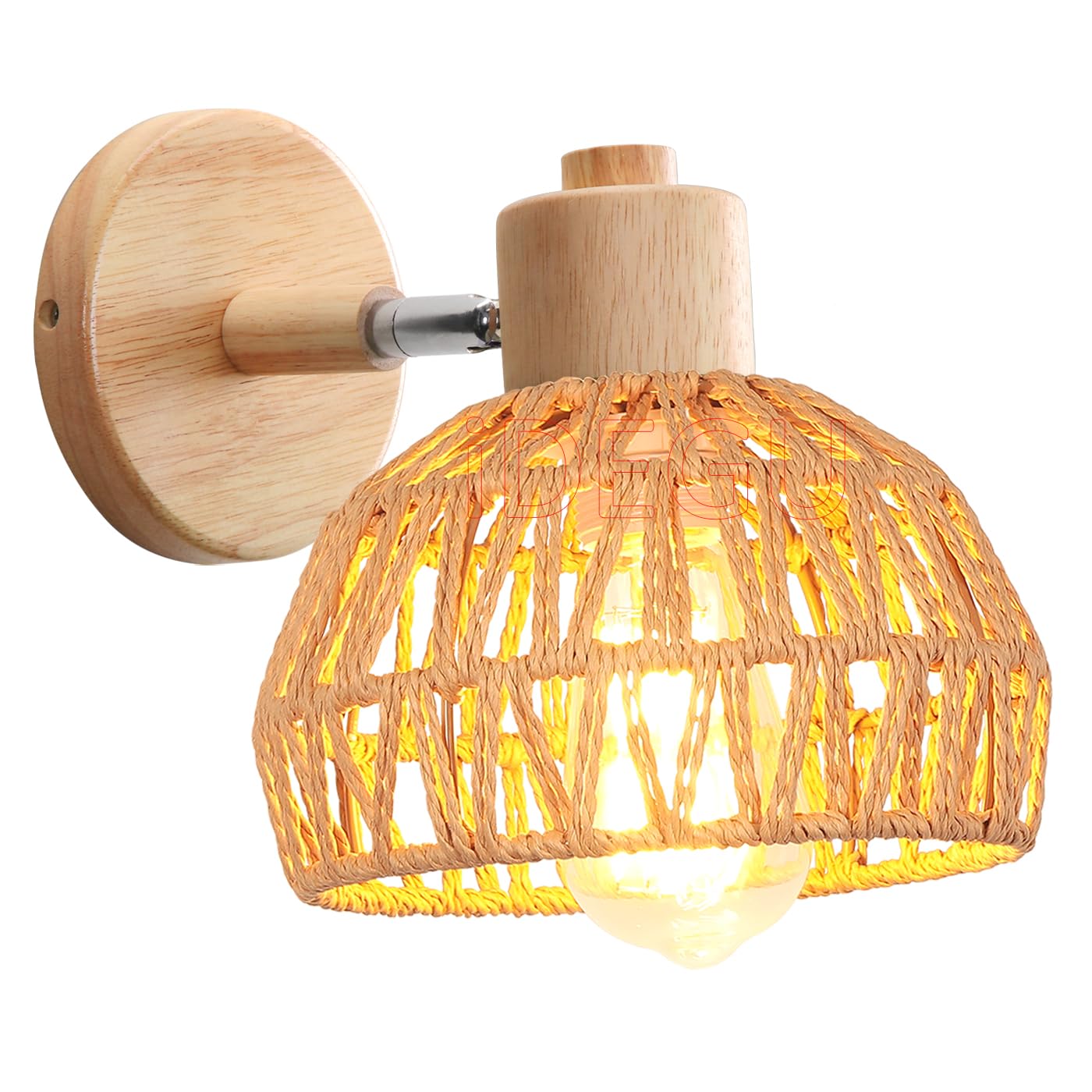 iDEGU Wandleuchte Innen Retro Wandlampe aus Holz Rattan Halbkreis Lampenschirm Vintage E27 Verstellbare Wandspot Industrie Lampe für Schlafzimmer Wohnzimmer Flur Café (20cm, Braun Rattan)