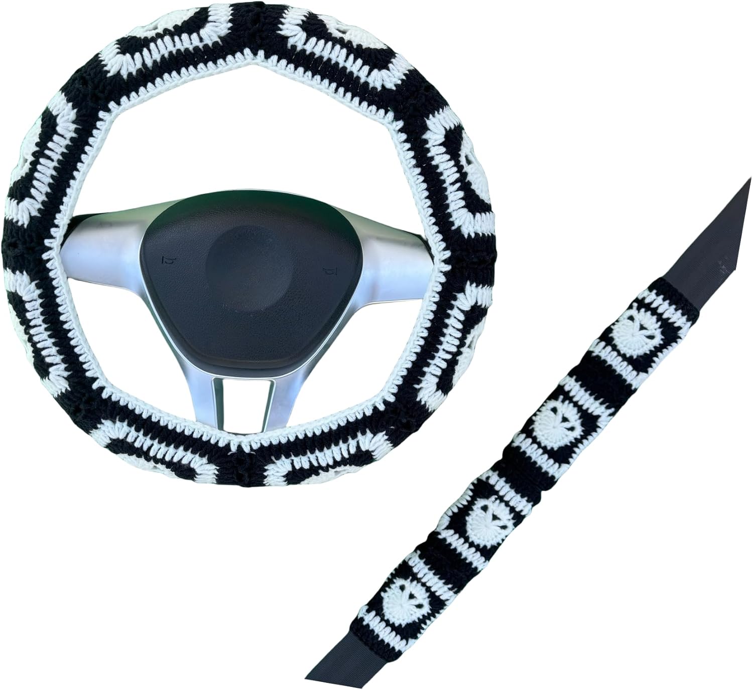 Crochet Steering Wheel Cover,Handmade Rock and Roll Skull Steering Wheel Cover, Skull Wheel Covers Cool Girl & Men, Skeleton Wheel Covers 14-15 in (Wheel Cover Set)