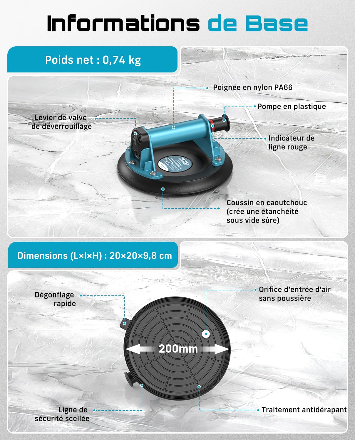 SEESII Ventouse Carrelage, 2 Pièces 8" Ventouse Vitre Professionnelle avec Pompe ABS + Poignée, Charge 200 KG, Ventouse de Levage pour Pierre, Granit, Fenêtres et Tôles Métalliques