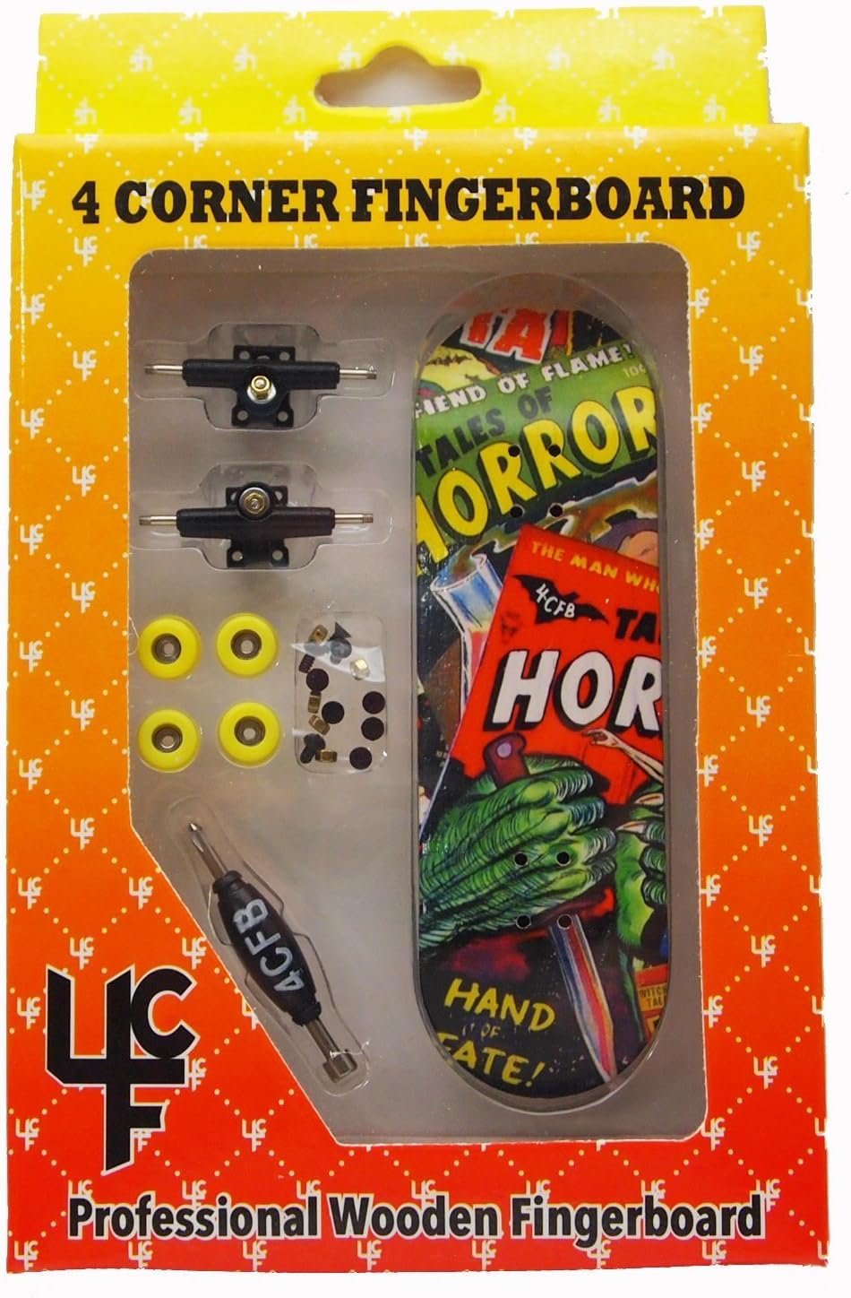 4CFB Complete Wooden Fingerboard with Real Wear "Horror Comic" Graphic : Bearing Wheels