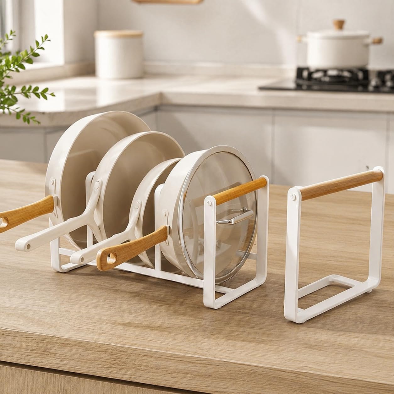 Topfdeckel Organiz, Topfdeckelhalt, Küchenregal, 3 Fäch, Metall, mattweiß, rutschfest, für Töpfe bis 35 cm, Pfannen & Deckel, Drei Fächer Topfhalter + Schma