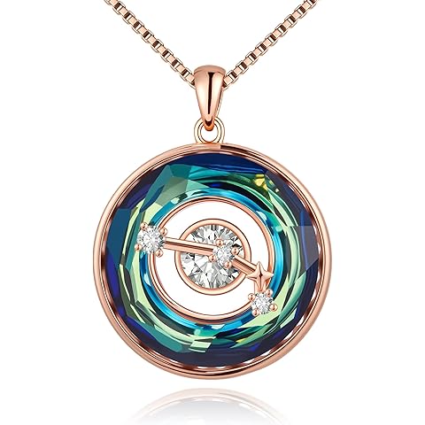 Distance Zodiac Constellation Birthstone Necklace for Women, S925 Sterling Silver Premium Austria Crystal Horoscope Pendant, Rose Gold Plated Necklace Christmas Birthday Jewelry Zodiac Gifts for Her