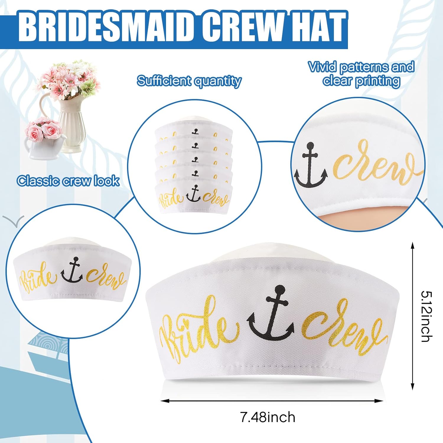 Jecery 6 Pack Bride Captain Hat with Veil Bachelorette Party Decorations Bride Crew White Sailor Hat for Last Toast on The Coast Nautical Bridal Shower Party Supplies