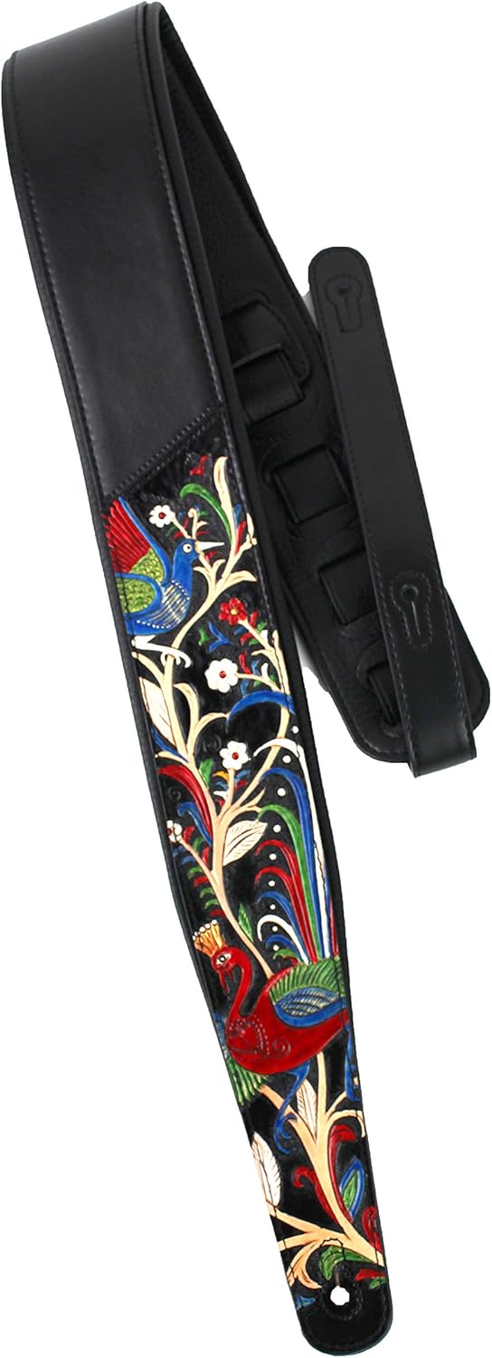 Walker And Williams KB-55-BLK Handmade Heritage Series Guitar Strap, Black With Traditional Peacock Design On Premium Black Carved Leather
