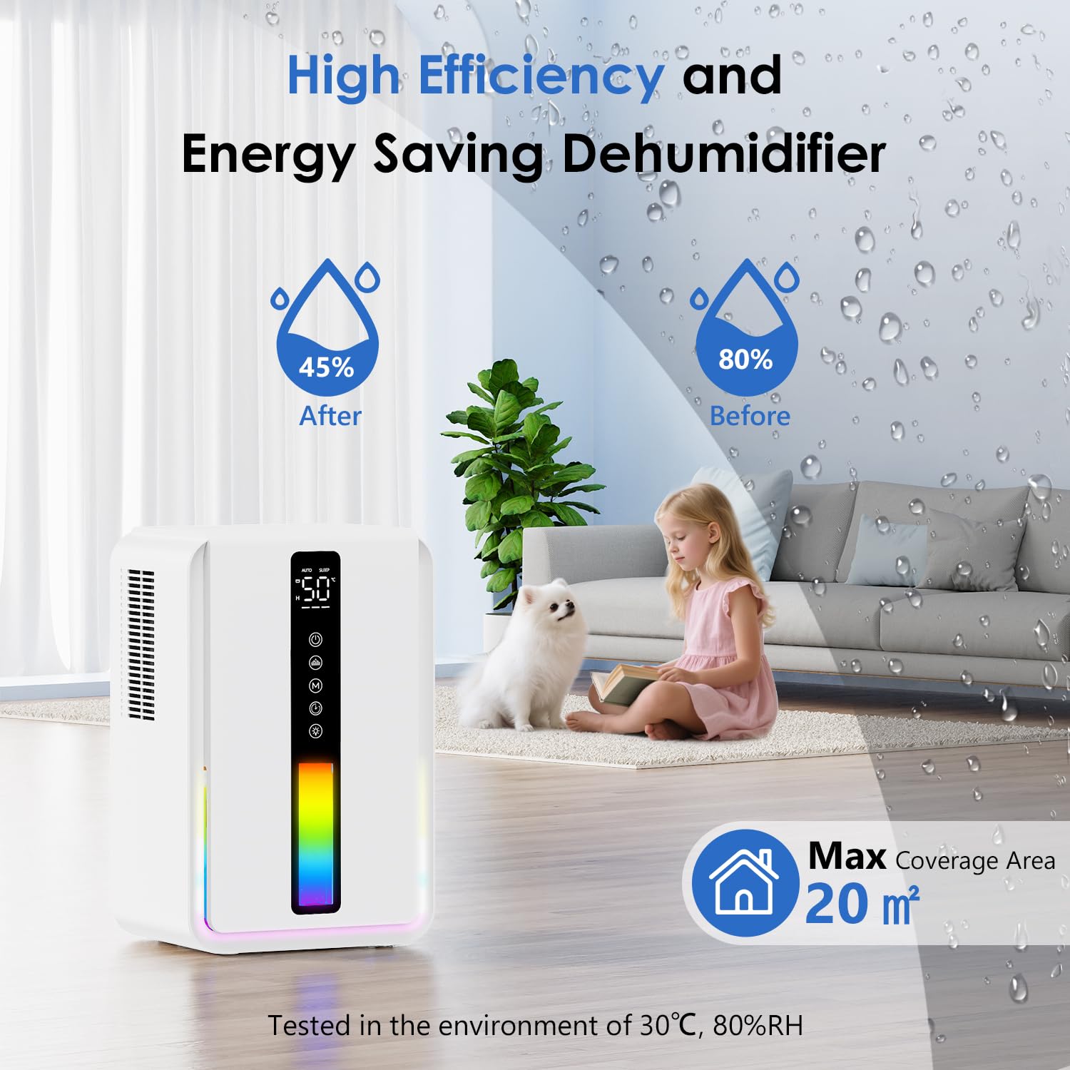 Deumidificatore Casa con 2500ml, Deumidificatore Casa Muffa Controllo Umidità & Modalità Sonno & 3 Velocità, Timer 6 a 48 Ore, Comando Touch e Luci RGB,Spegnimento Auto & Sbrinamento Auto,Antimuffa