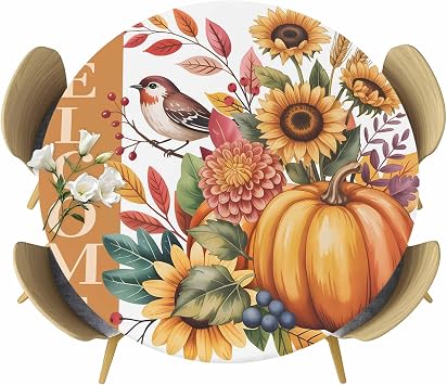 Round Tablecloths with Elastic Edged Welcome Words Autumn Pumpkin Fitted Table Cloth Fits Tables up to 45"-54", Thanksgiving Tits Waterproof Table Cover for Indoor Outdoor Party