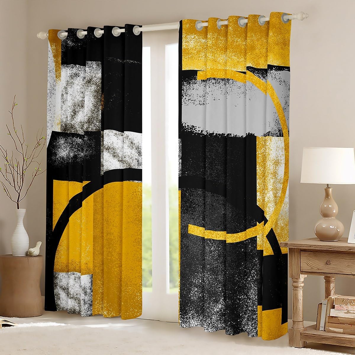jejeloiu Gray Black Yellow Stripe Blackout Curtains Abstract Yellow and Black Window Curtains Retro Circle Swirls Darkening Dreapes Teens Abstract Art Window Treatments (2 Panels, 52 x 84 Inch)
