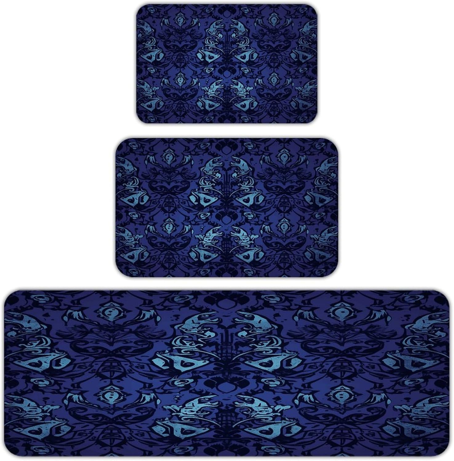 Blue Black Goth Spooky Kitchen Mat Set of 3 Waterproof Floor Mats Non-Slip Kitchen Rugs Premium Flannel Rug Heavy Duty Standing Mat for Kitchen Home Bathroom Laundry