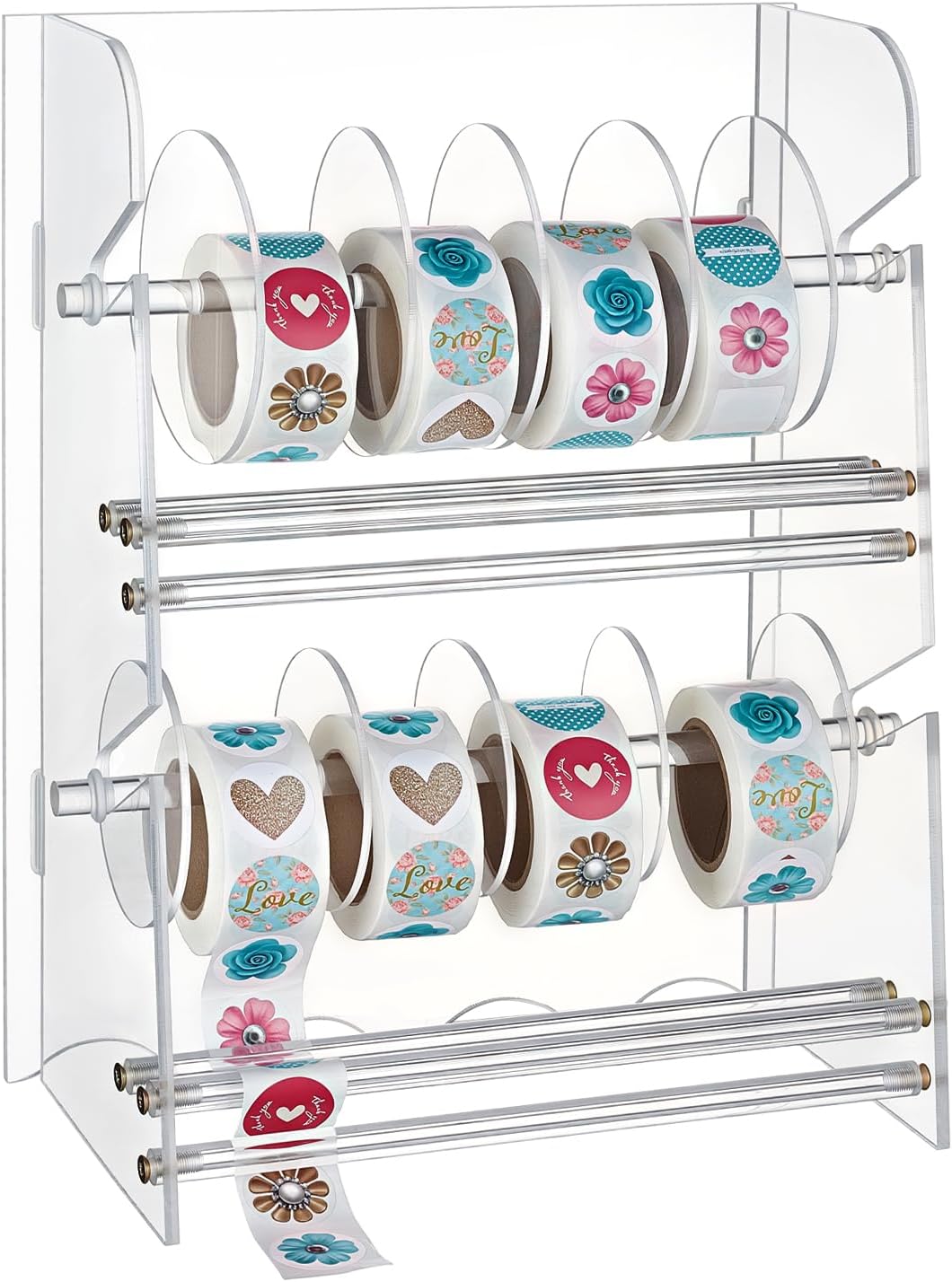 Double-Layer Acrylic Sticker Dispenser, 12 Disks Adjustable Sticker Roll Holder,Clear Label Holder, Label Dispenser Stand, Tape Organizer for Office School Home Desktop Storage