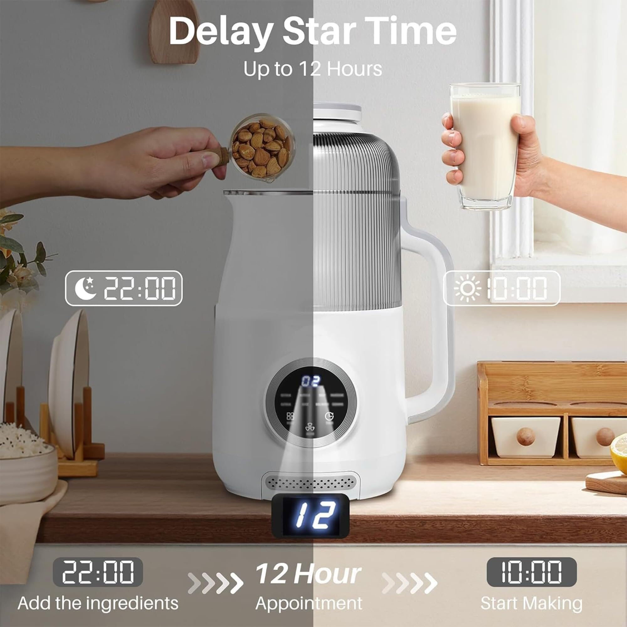 Maszyna Do Mleka Orzechowego 1200 Ml, Mleko Migdałowe, Soja, Owies | Automatyczny program czyszczenia, 12-godzinny timer i funkcja utrzymywania ciepła przez 2 h, redukcja szumów o 30%.