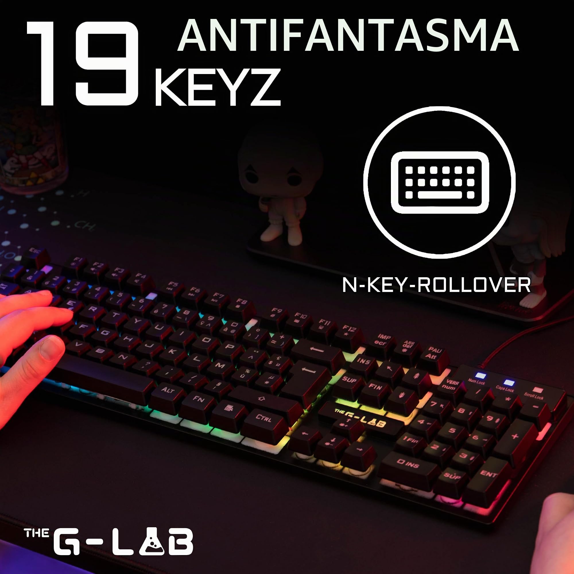 THE G-LAB Keyz Caesium - Teclado Gamer con Cable USB - Retroiluminación RGB LED, Teclado Gamer Sensación mecánica, 19 Teclas antighosting, Duradero - PC/PS4/PS5/XBOX - Diseño AZERTY francés